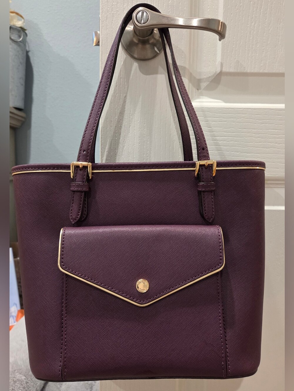 Michael Kors Jet Set Plum Saffiano Leather Snap Pocket Tote Bag